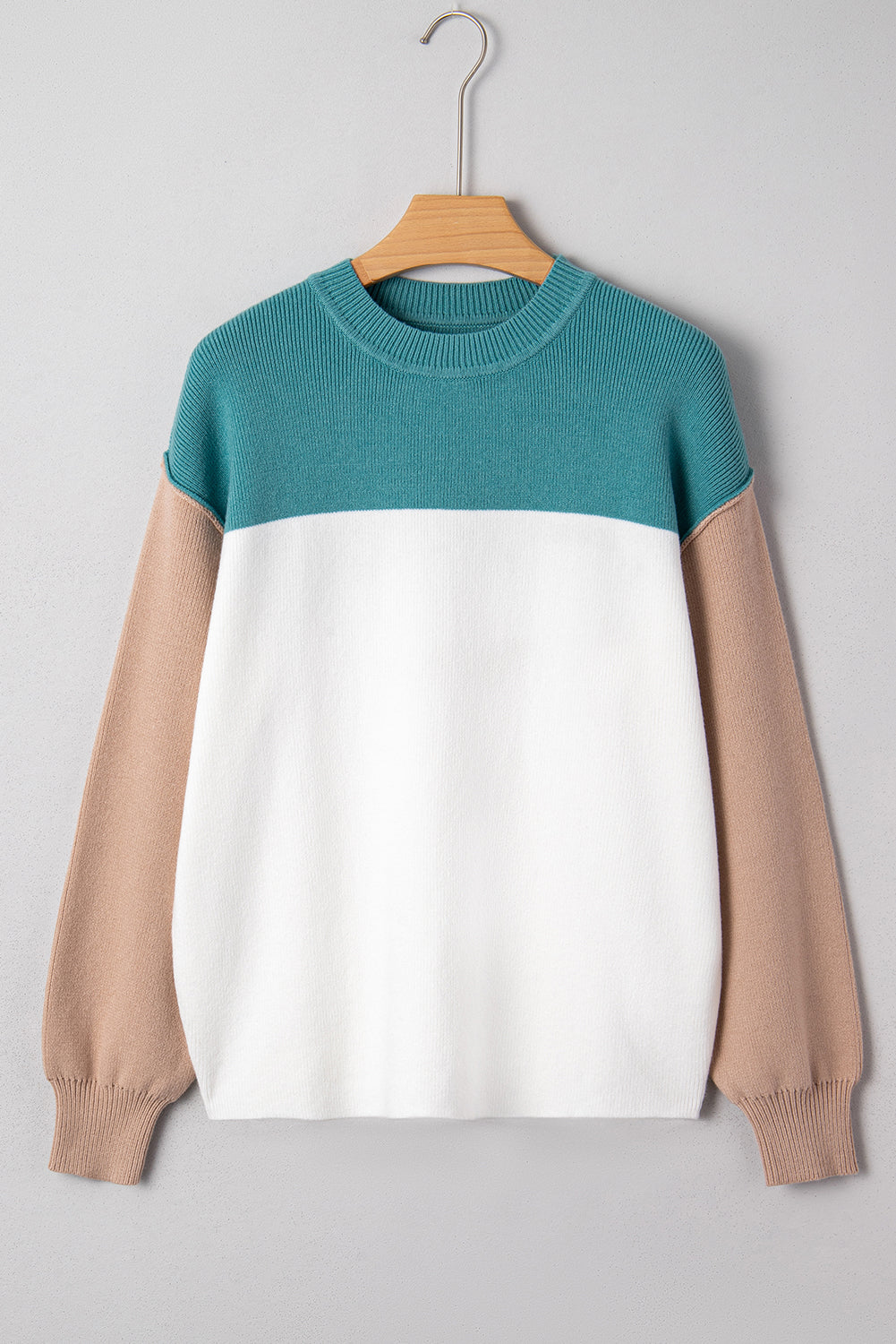 Green Color Block Plain Ribbed Knit Baggy Sweater