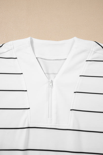 White Stripe Zip up Drop Shoulder Pullover and Short 2pcs Outfit