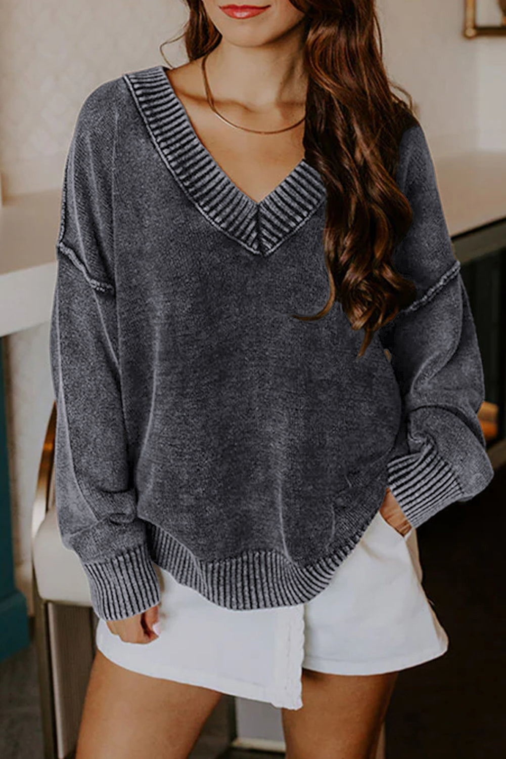 Black Mineral Wash V Neck Knit Exposed Seam Drop Shoulder Loose Sweater
