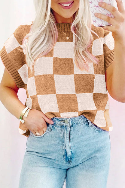Frenchy Colorblock Plaid Pattern Ribbed Trim Sweater Tank Top