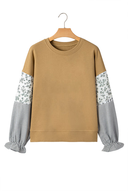 Camel Floral Striped Patchwork Ruffled Sleeve Crew Neck Sweatshirt