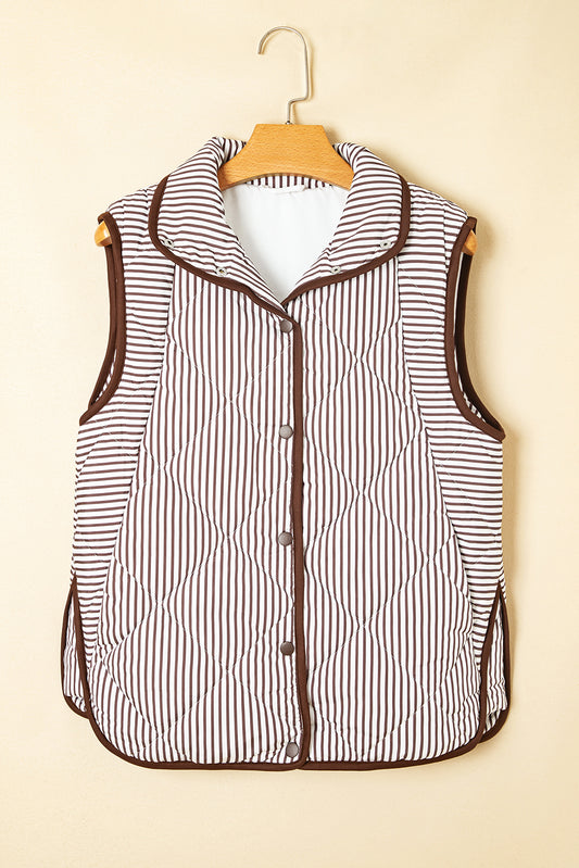 Brown Stripe Snap Button Scalloped Hem Collared Vest