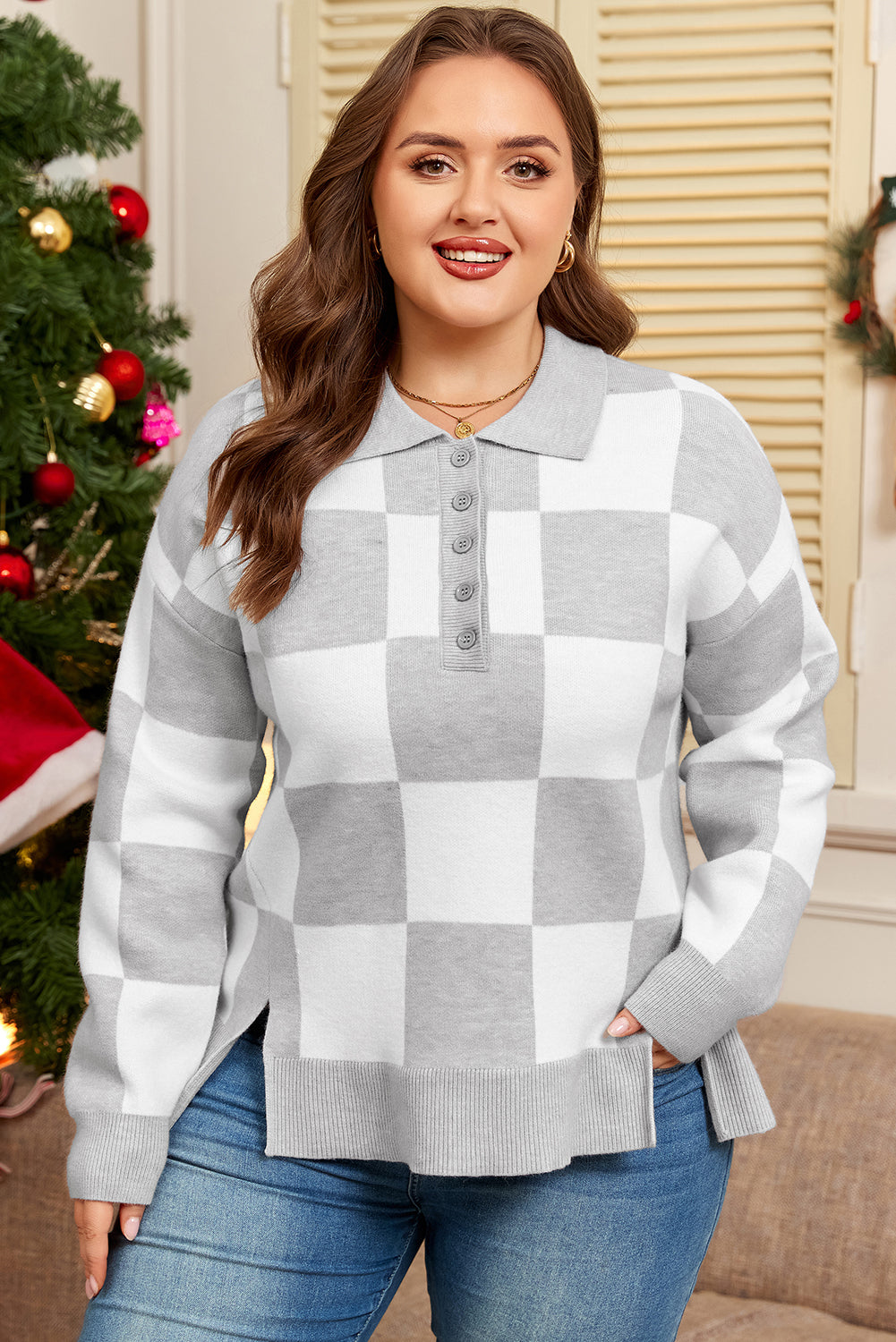 Cozy Basics Gray Checkered Sweater