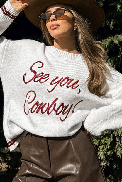 White See You Cowboy Embroidered Western Graphic Sweater