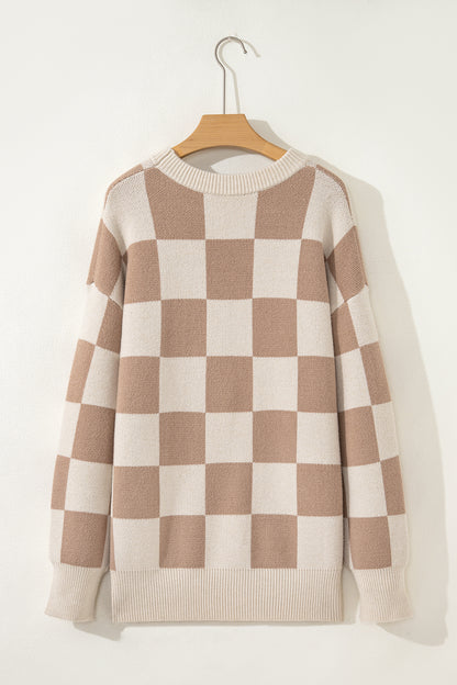 Parchment Checkered Pattern Ribbed Trim Knit Baggy Sweater