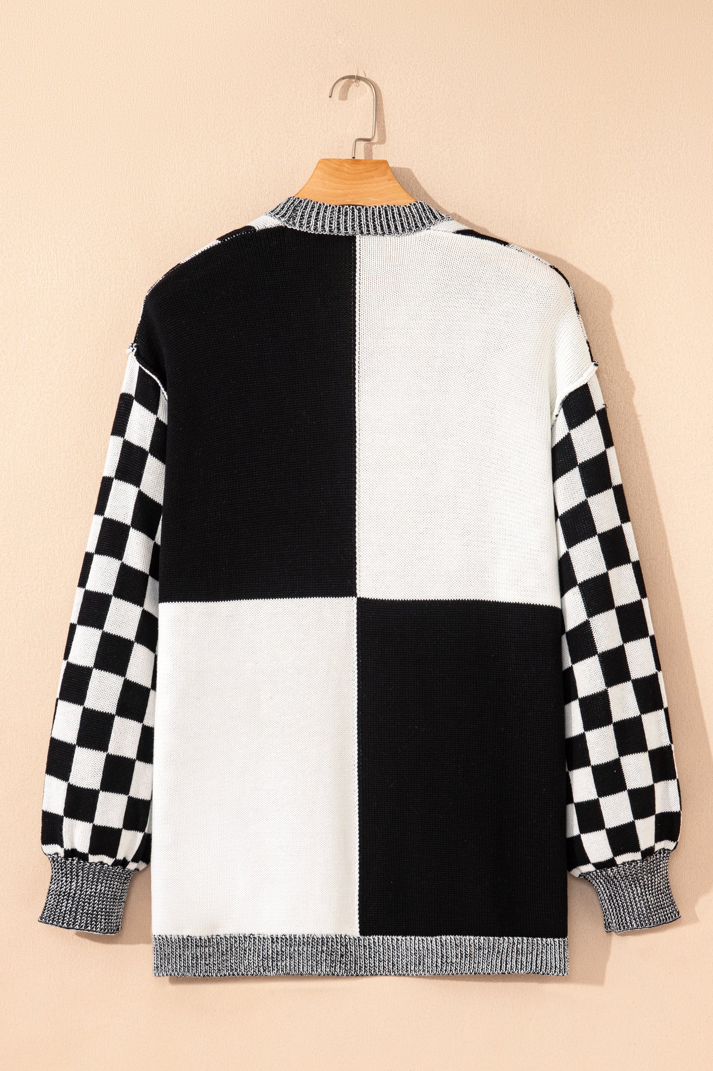 Black Checkered Bubble Sleeve Drop Shoulder Open Cardigan