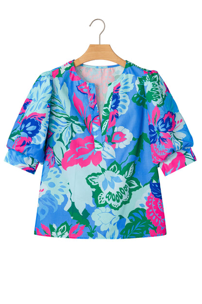 Sky Blue Floral Print V Neck Half Sleeve Blouse