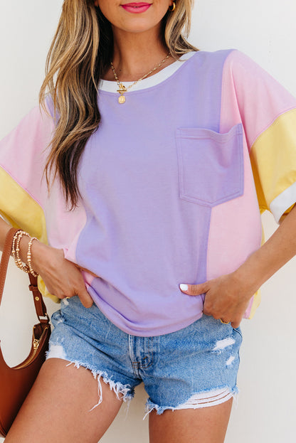 Purple Color Block Patchwork Half Sleeve Oversized T Shirt