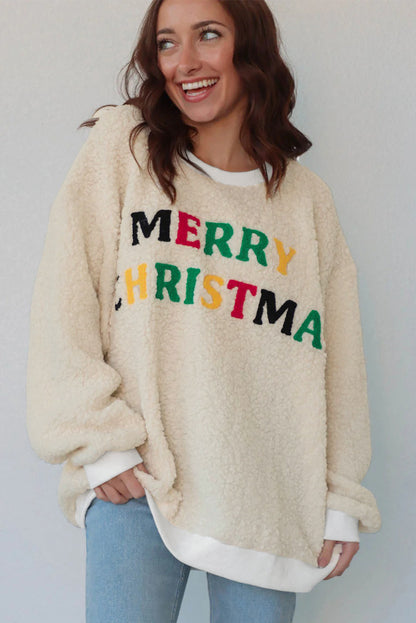 White MERRY CHRISTMAS Multicolor Embroidered Sherpa Pullover Sweatshirt