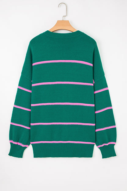 Green Stripe Half Buttons Drop Shoulder Plus Size Sweater