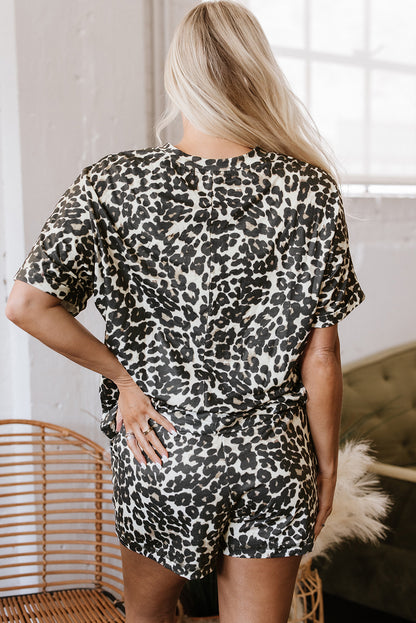 Black Cheetah Printed Casual Tee and Shorts Lounge Set