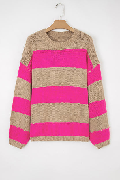 Khaki Stripe Color Block PLus Size Drop Shoulder Sweater