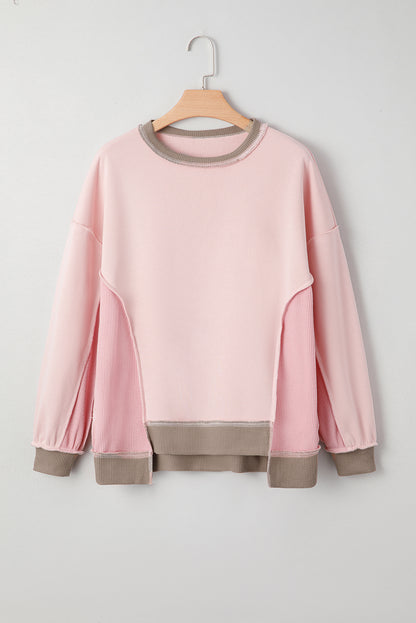 Light Pink Color Block Mix Texture Waffle Patchwork Oversize Sweatshirt