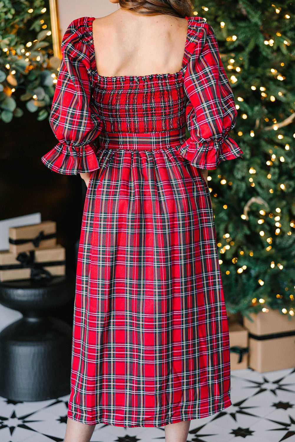 Red Tartan Plaid Square Neck Puff Sleeve Knot Waist Flared Midi Dress