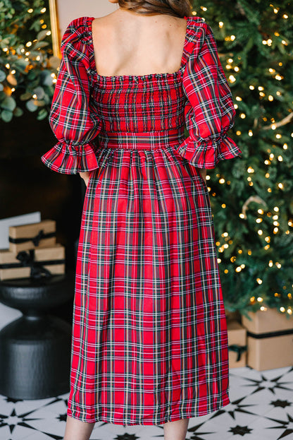 Red Tartan Plaid Square Neck Puff Sleeve Knot Waist Flared Midi Dress