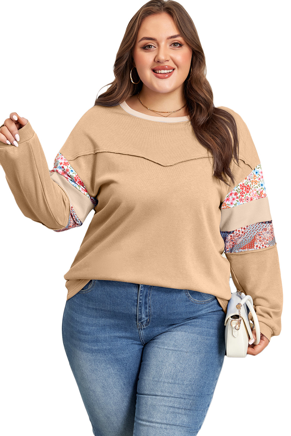 Khaki Exposed Seam Floral Mixed Patchwork Relaxed Plus Size Top