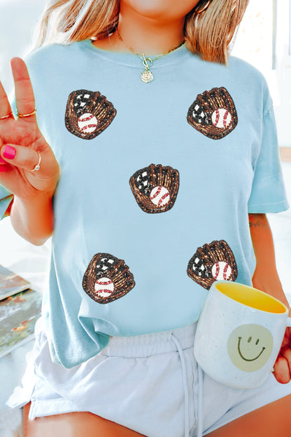 Light Blue Baseball Sequin Patch T Shirt