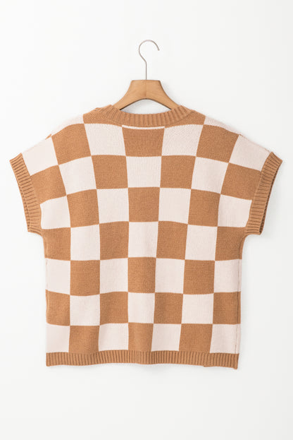 Frenchy Colorblock Plaid Pattern Ribbed Trim Sweater Tank Top