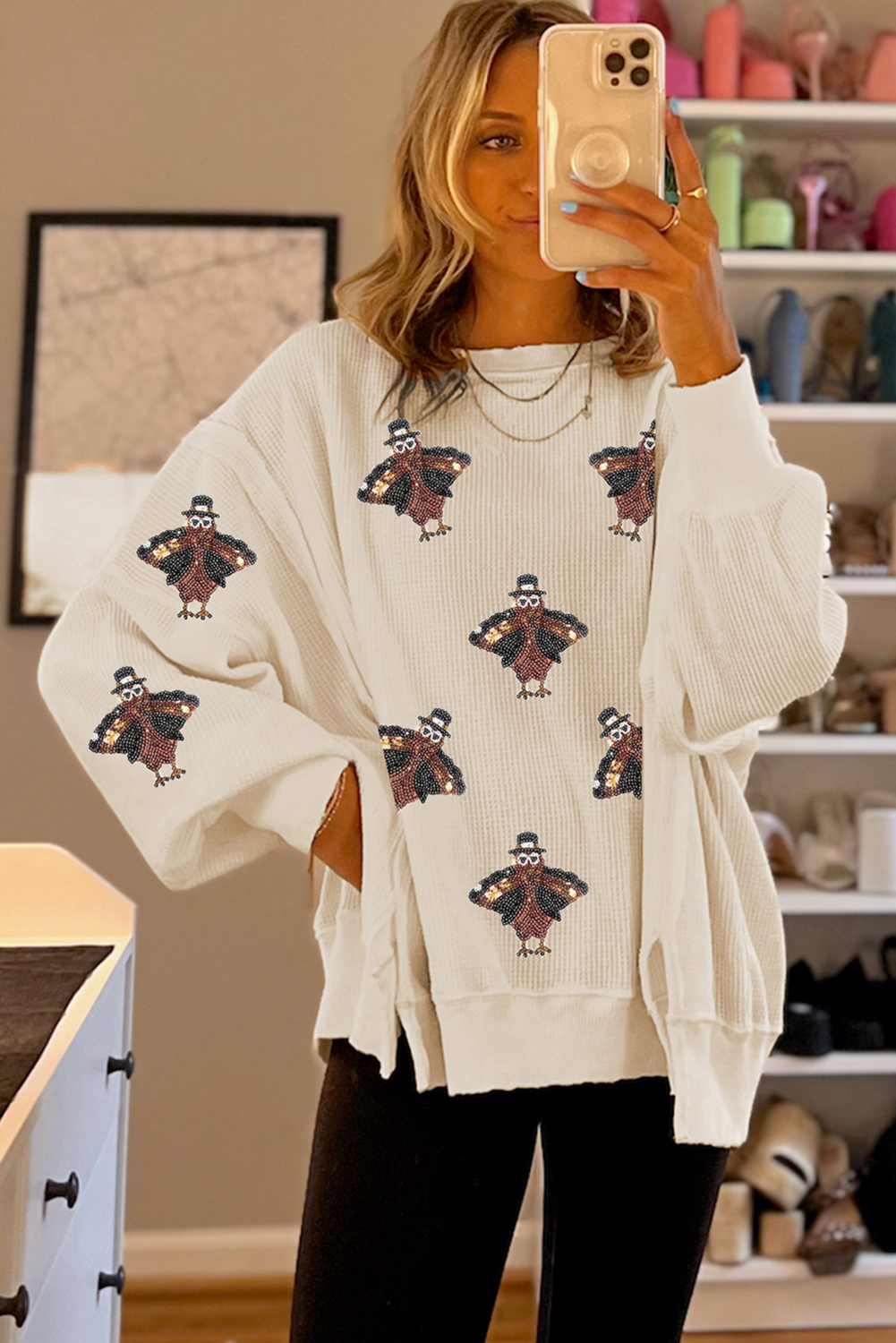 White Turkey Waffle Oversized Knit Top