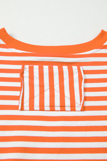Orange Stripe Exposed Seam Drop Shoulder Casual Pullover Top