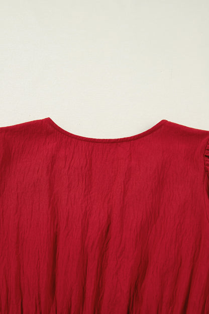 Racing Red Contrast Embroidered Detail Cinched Waist Tiered Long Sleeve Maxi Dress