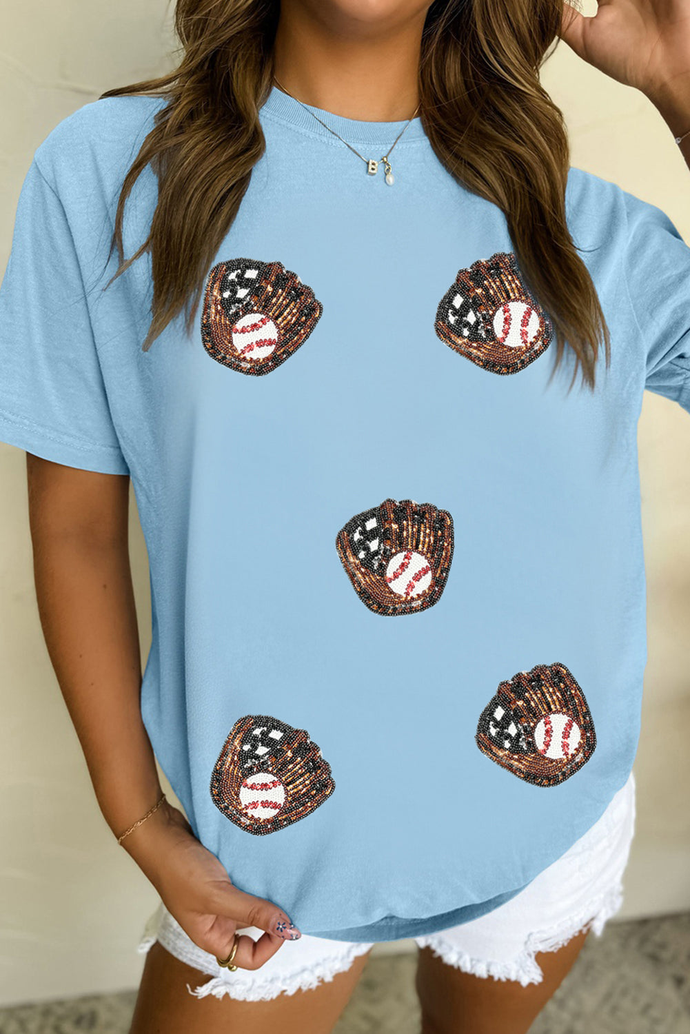 Light Blue Baseball Sequin Patch T Shirt