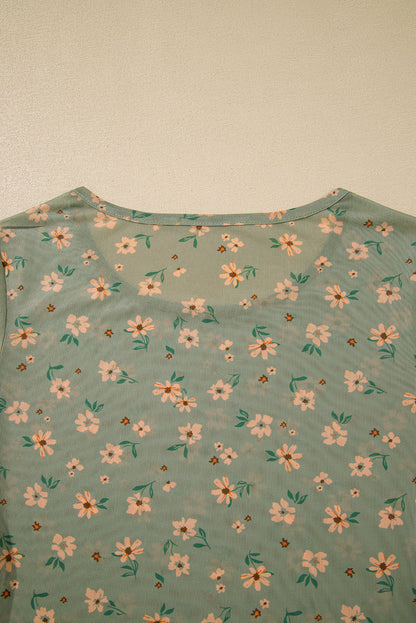 Laurel Green Vintage Floral Print Southern Style Mesh Long Sleeve Top