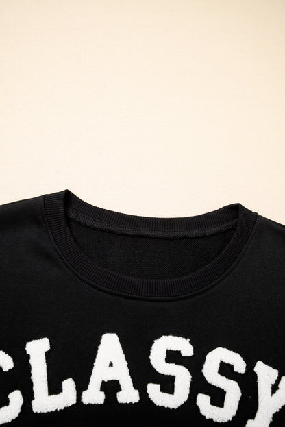 Black CLASSY UNTIL KICKOFF Plush Letter Patched Loose Sweatshirt