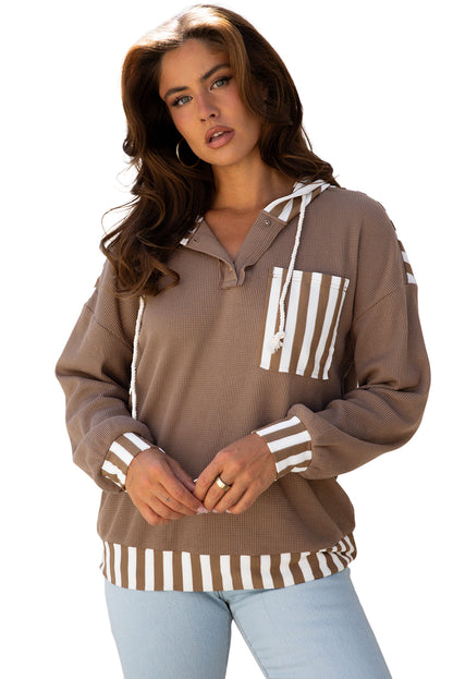 Straw Yellow Waffle Texture Striped Patchwork Button Neck Drawstring Hoodie