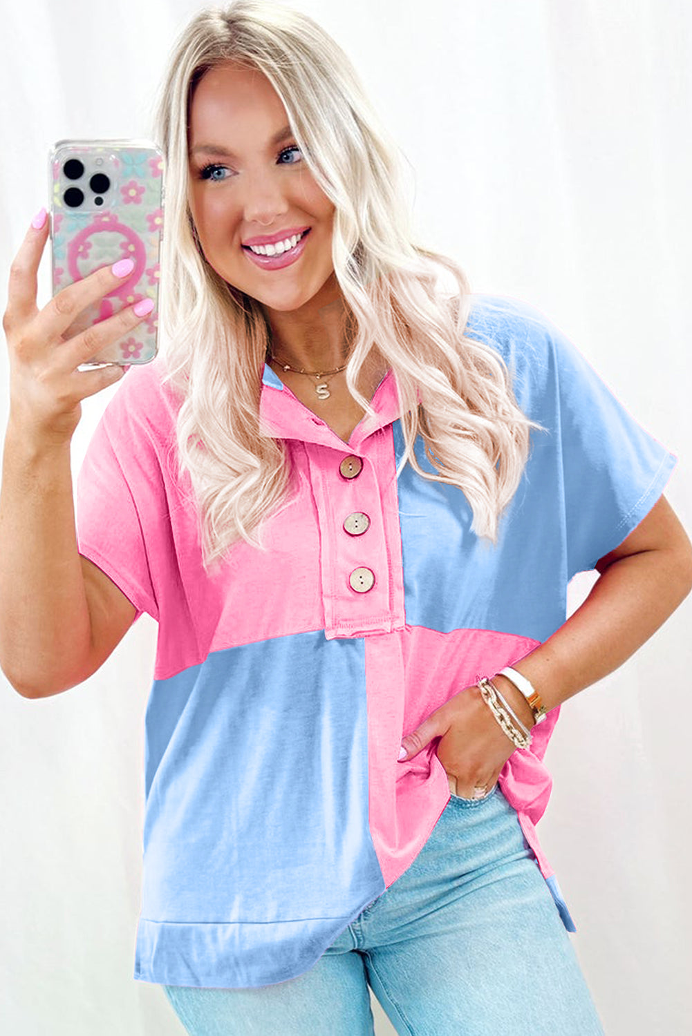 Cotton candy Two Tone Half Buttons Collared T Shirt