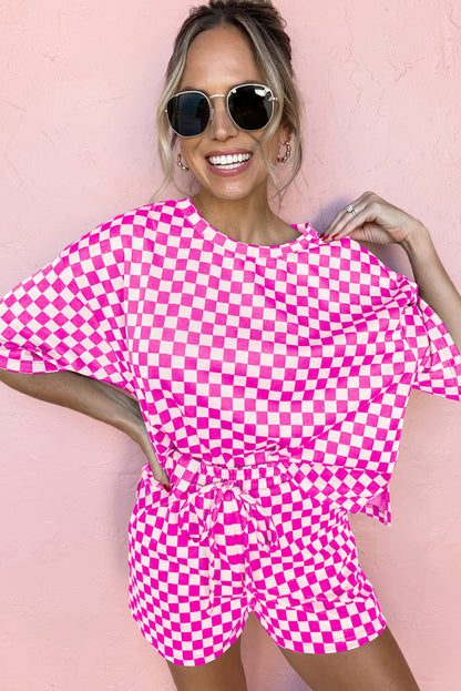 Rose Checkered Top and Short Casual Two Piece Set