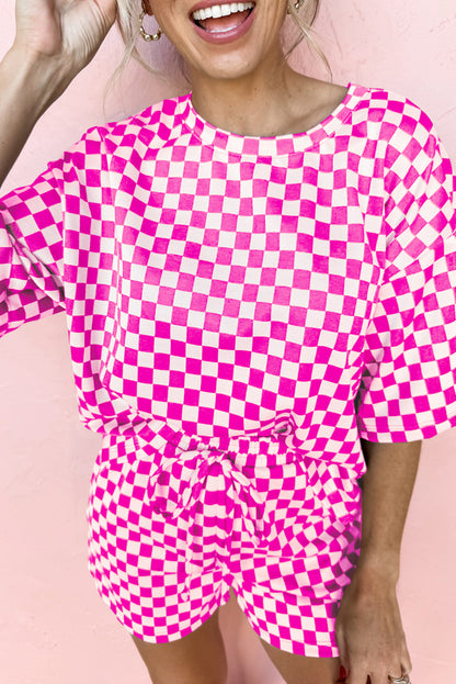 Rose Checkered Top and Short Casual Two Piece Set