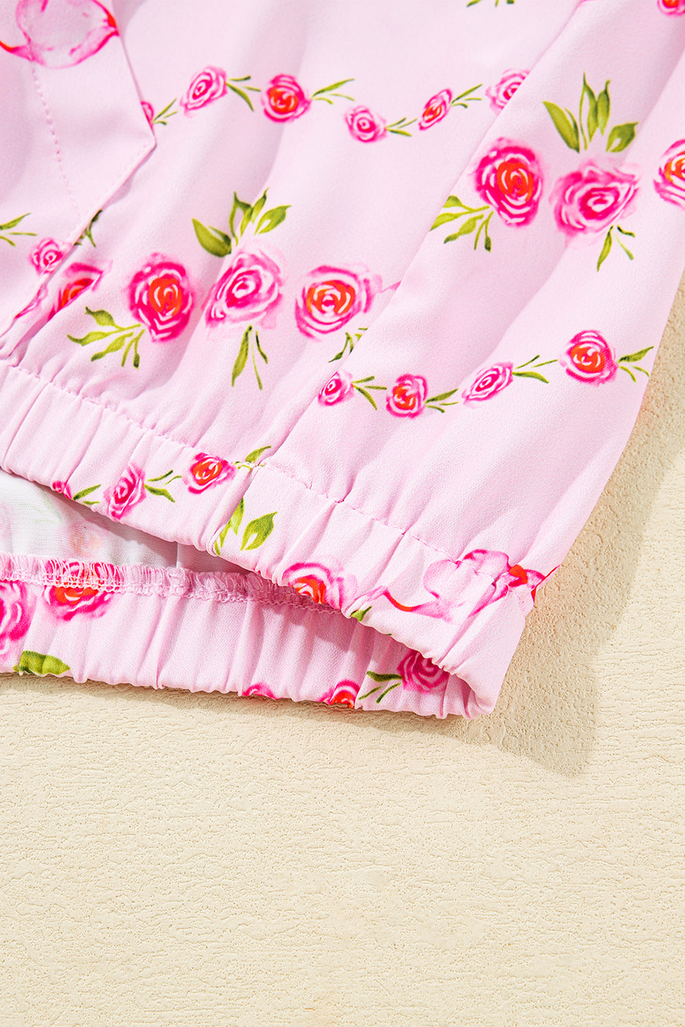 Pink Floral Print Half Zip Kangaroo Pouch Drawstring Hoodie