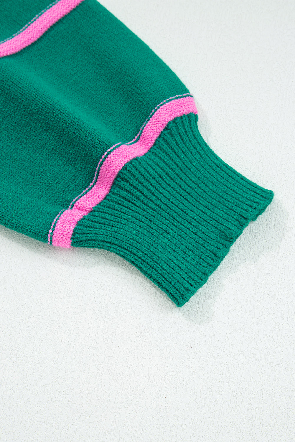 Green Stripe Half Buttons Drop Shoulder Plus Size Sweater