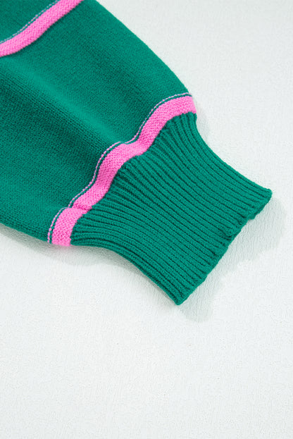 Green Stripe Half Buttons Drop Shoulder Plus Size Sweater