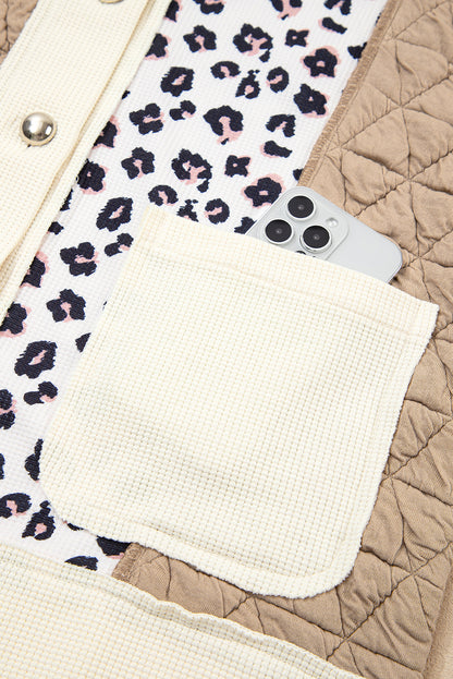 Khaki Leopard Waffle Quilted Patchwork Button Front Jacket