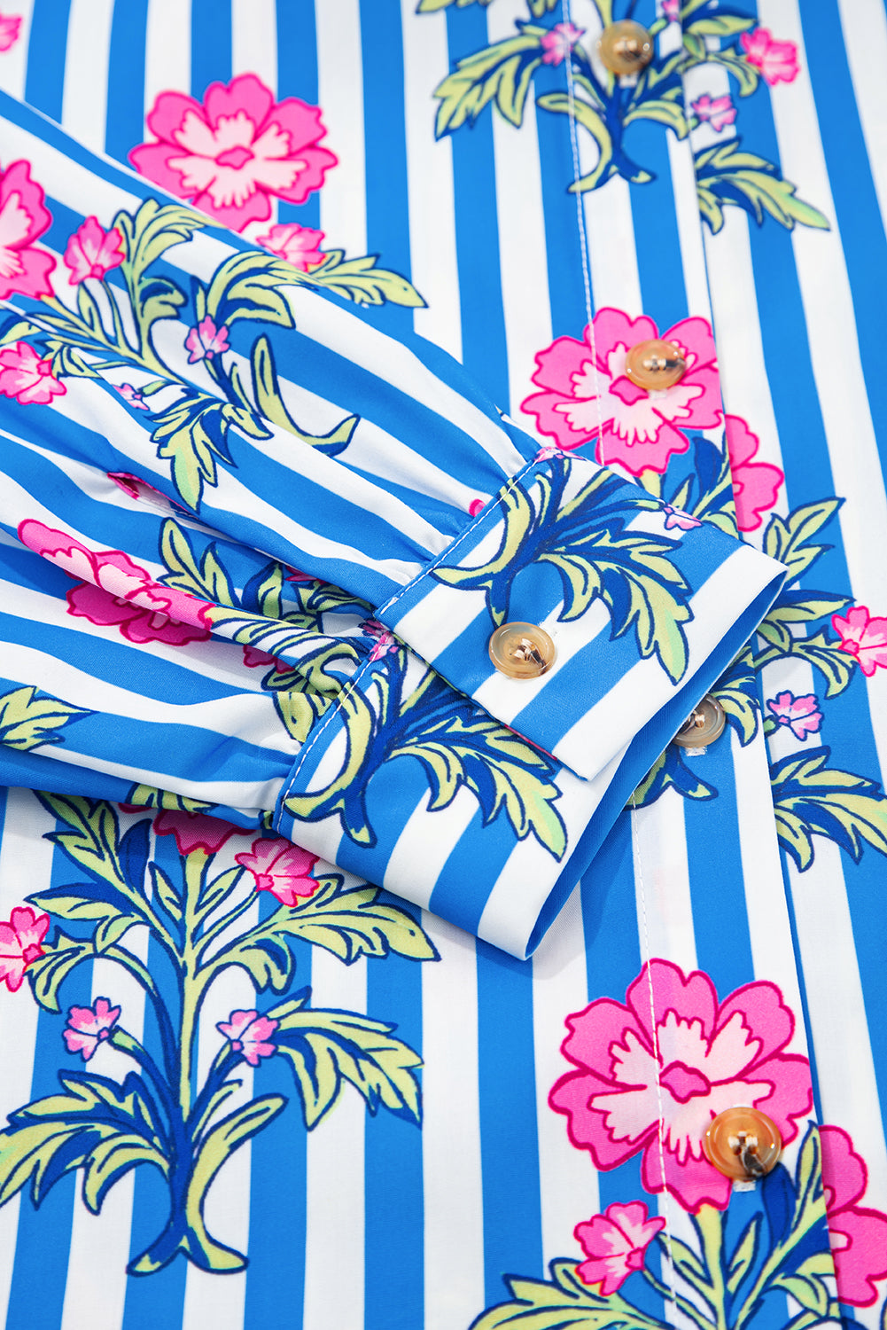 Blue Striped Floral Print Buttoned Cuffs Loose Fit Shirt