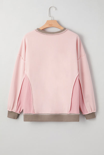 Light Pink Color Block Mix Texture Waffle Patchwork Oversize Sweatshirt