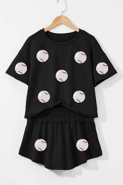 Black Baseball Print Skort Set
