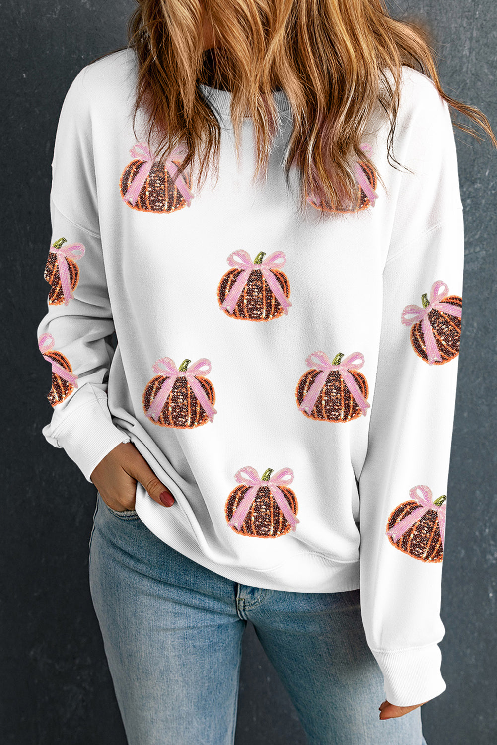 White Sequin Bow Pumpkin Patched Cotton Sweatshirt
