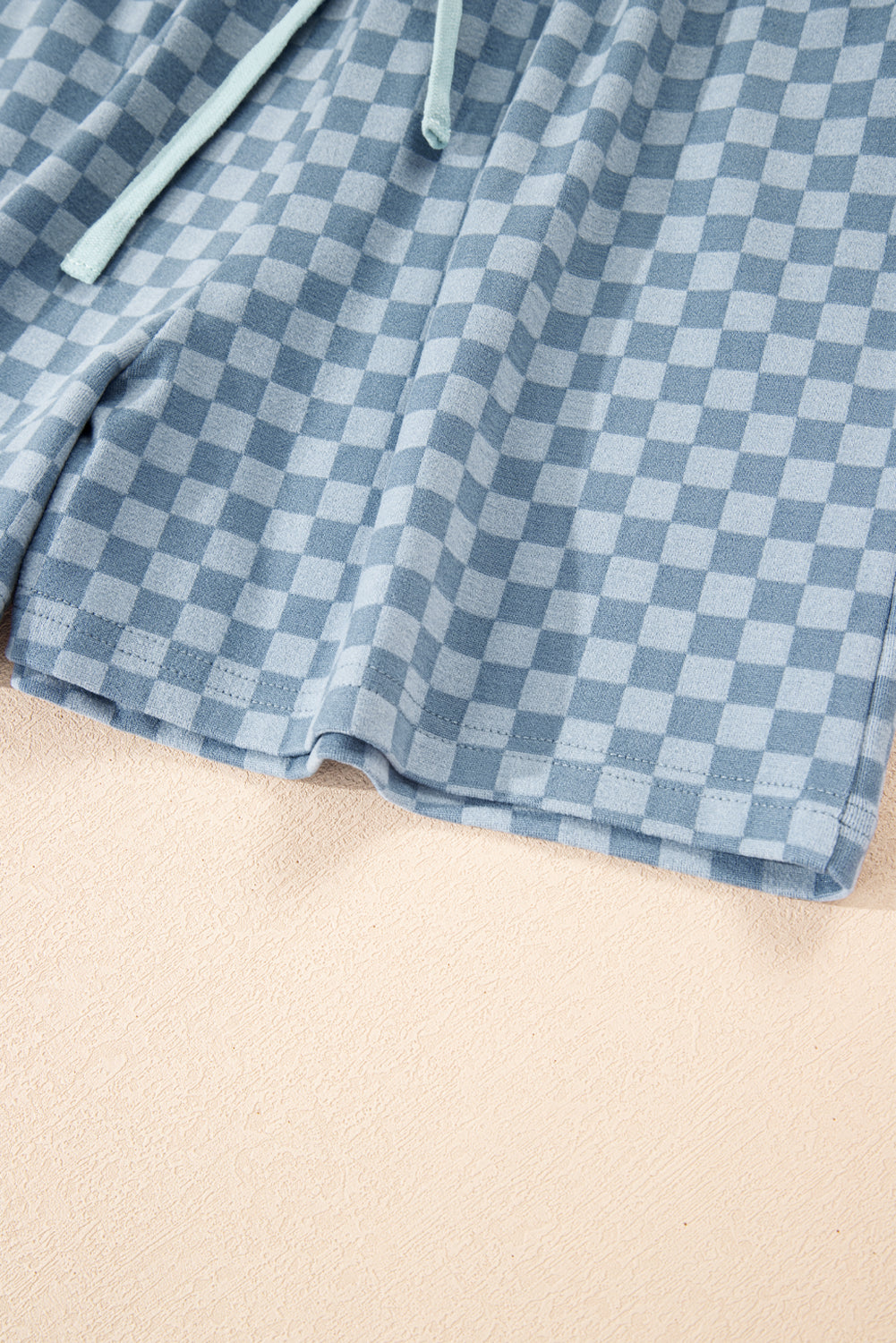 Sky Blue Checkerboard Long Sleeve Pullover and Shorts Set