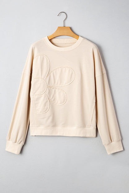 Beige Raw Edge Flower Patch Drop Shoulder Casual Top