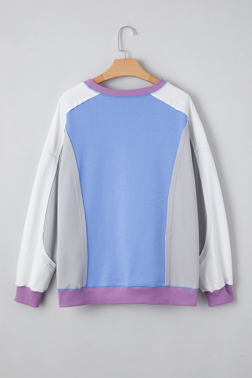 Blue Exposed Seam Colorblock Patchwork Ribbed Trim Pullover Sweatshirt