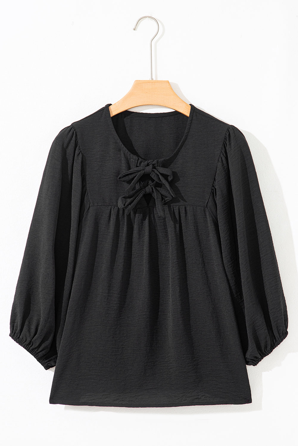 Black Bow Tie Neck 3/4 Sleeve Casual Blouse