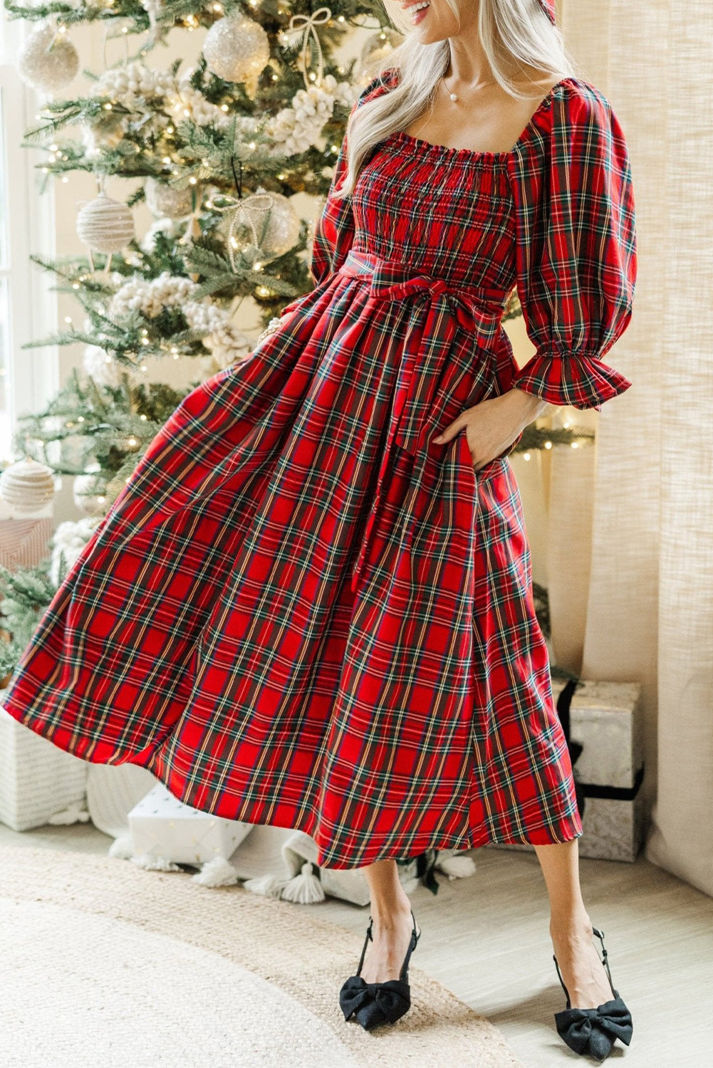 Red Tartan Plaid Square Neck Puff Sleeve Knot Waist Flared Midi Dress