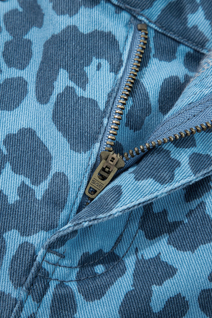 Sky Blue Leopard Print Straight Loose Jeans