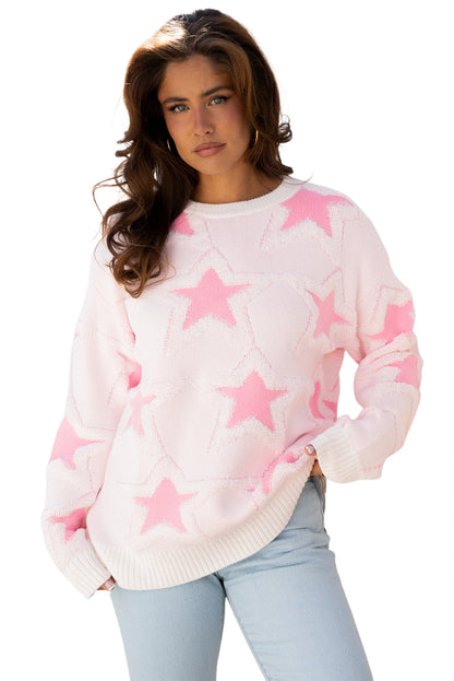 Sachet Pink Oversized Cute Star Pattern Ribbed Edge Drop Shoulder Sweater