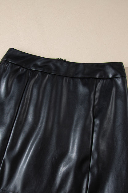 Black Leather Side Slits Slim Fit High Waist Mini Skirt