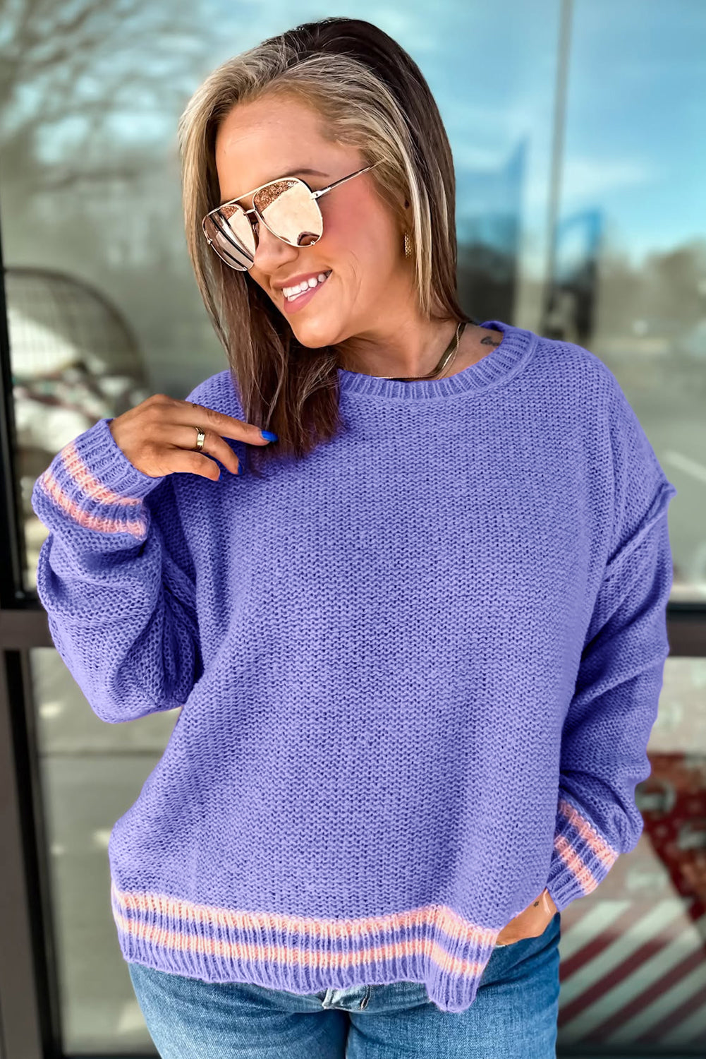 Wisteria Plus Size Striped Trim Drop Shoulder Knit Loose Sweater