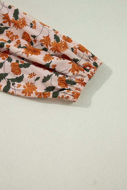 Beige Floral Deep V Neck Smocked Bust Bubble Sleeve Babydoll Dress